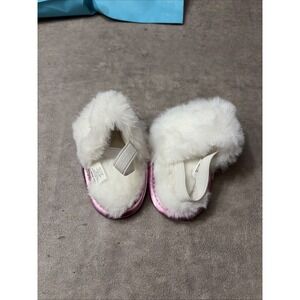 First Steps Baby Girls Slippers White Fuzzy With Pink Base